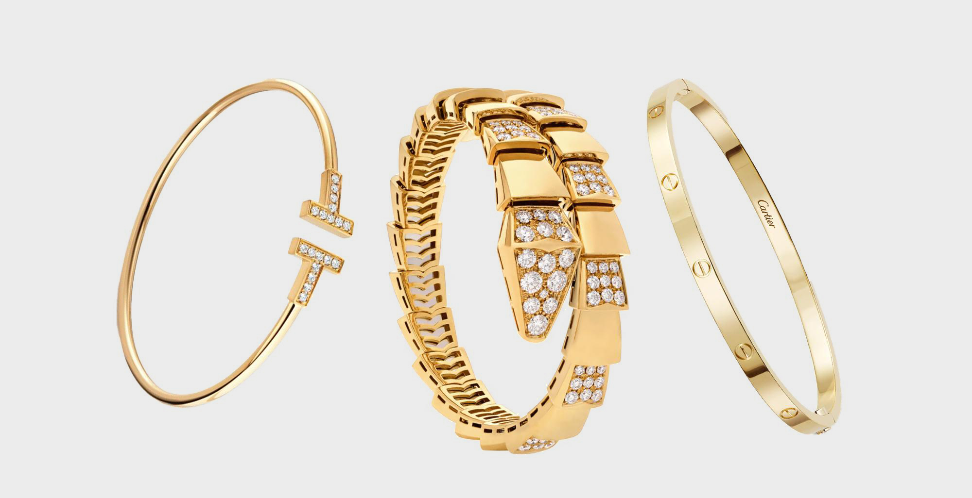 Luxury gold bracelets from Cartier, Tiffany & Co., and Bvlgari, ideal for collateral loans at Qollateral.