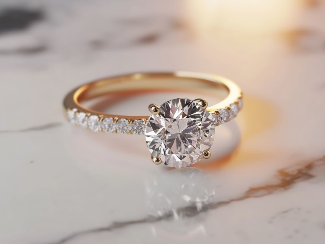Gold engagement ring with round-cut diamond being used for a jewelry loan on a marble background.