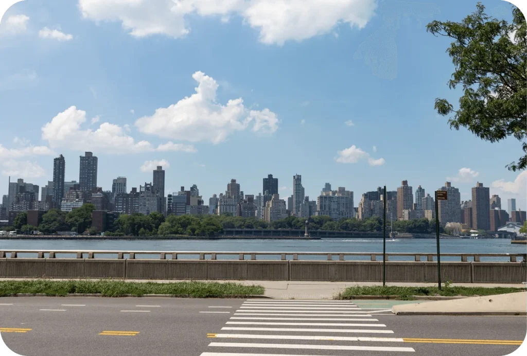 View of the Manhattan skyline from a Queens waterfront promenade, with a tree branch in the foreground and a crosswalk leading to the East River