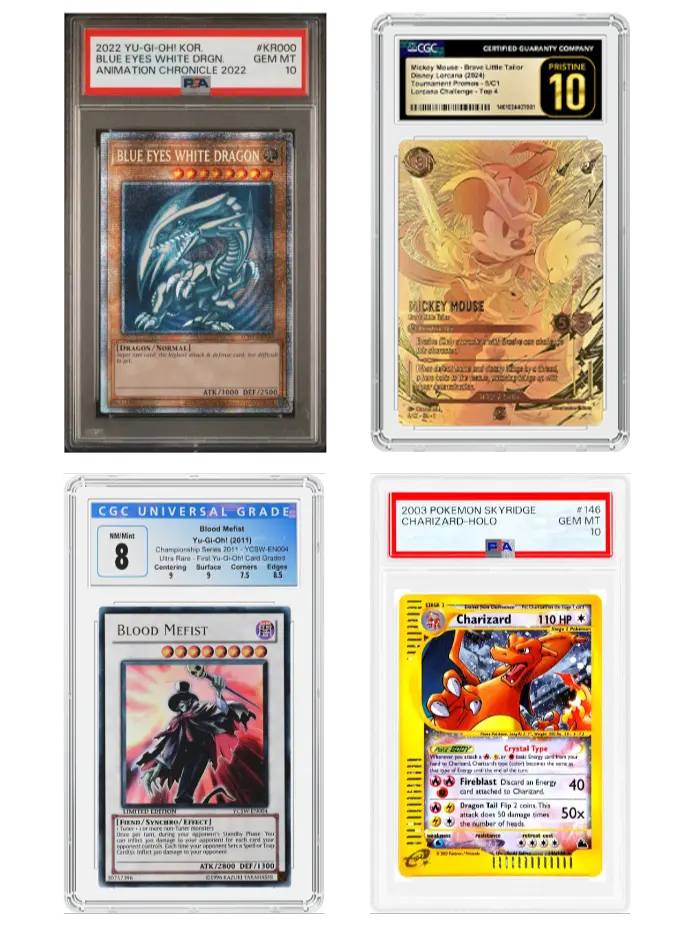 Graded Pokémon, Yu-Gi-Oh, and Disney Lorcana trading cards from PSA and CGC used as examples of TCG collateral eligible for loans at Qollateral.
