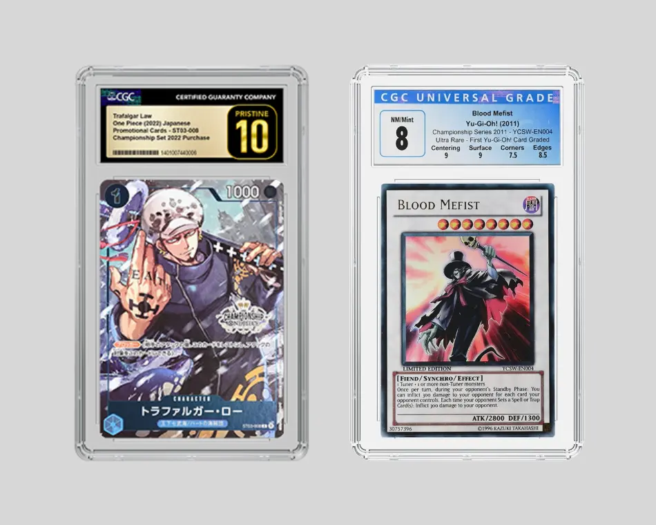 CGC-graded One Piece Trafalgar Law slab and Yu-Gi-Oh Blood Mefist card used to illustrate eligible TCG loan collateral at Qollateral.