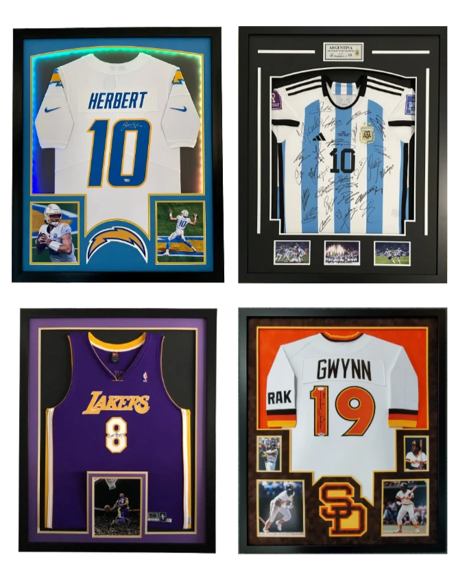 Framed authenticated sports memorabilia including signed Justin Herbert, Lionel Messi Argentina jersey, Kobe Bryant Lakers jersey, and Tony Gwynn Padres jersey displays accepted as collateral for loans.