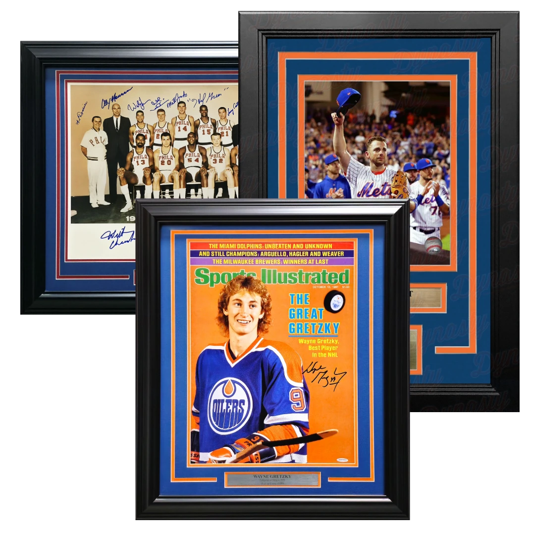 Authenticated framed sports memorabilia including a signed Wayne Gretzky Sports Illustrated cover, a signed New York Mets photo, and a vintage team-signed basketball photograph accepted for collateral loans.