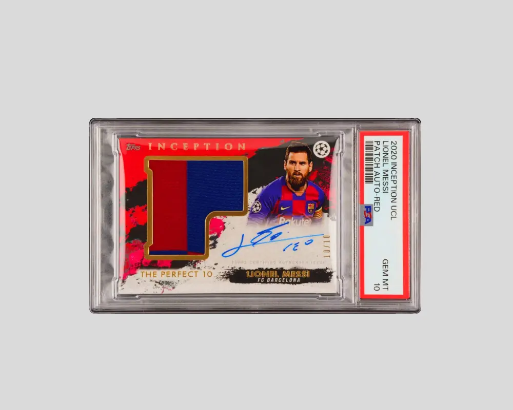 PSA-graded Lionel Messi Topps Inception patch autograph card showing example of high-value soccer cards eligible for Qollateral sports card collateral loans.