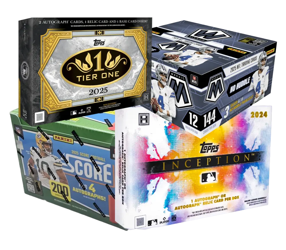 Sealed Topps and Panini sports card boxes including Tier One, Mosaic, Score Football, and Topps Inception, used as examples of eligible collateral for sports card loans at Qollateral.