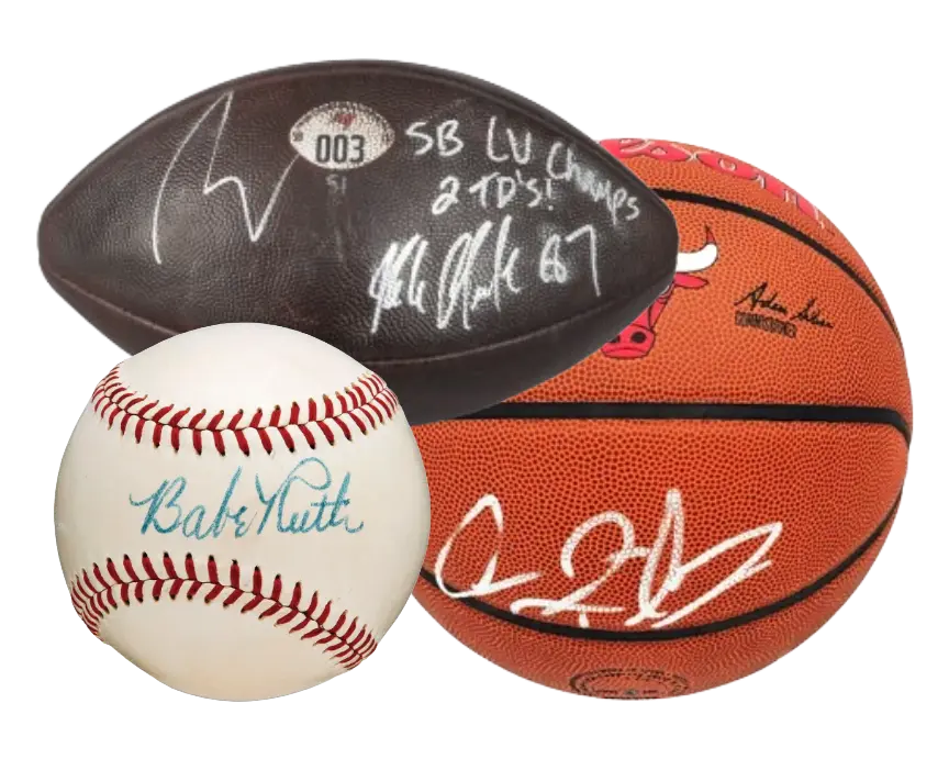 Authenticated signed sports balls including a Super Bowl football, autographed basketball, and signed Babe Ruth baseball used as collateral for sports memorabilia loans.