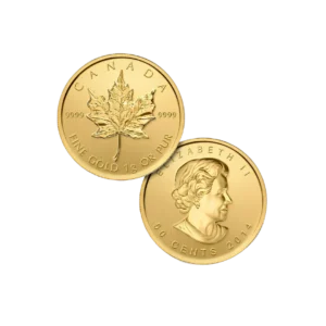 Canadian Gold Maple Leaf coin showing the leaf and portrait sides