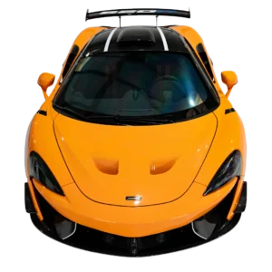 Orange McLaren sports car with black racing stripes viewed from the front