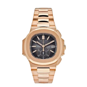 Rose gold Patek Philippe Nautilus chronograph with a black dial