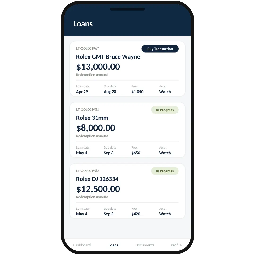Qollateral client portal loans list showing loan IDs, redemption amounts, due dates, and asset types