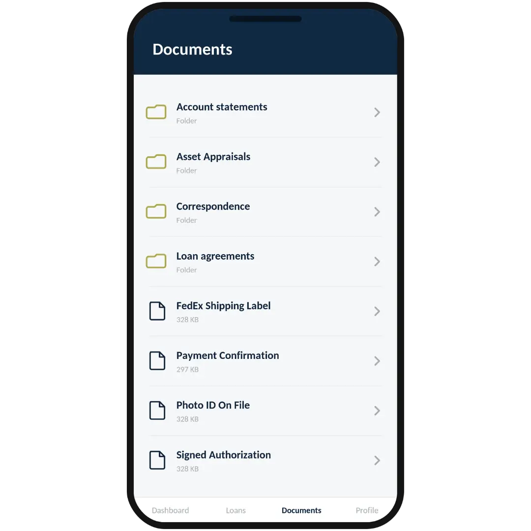 Qollateral client portal documents screen showing folders for loan agreements, appraisals, and payment records