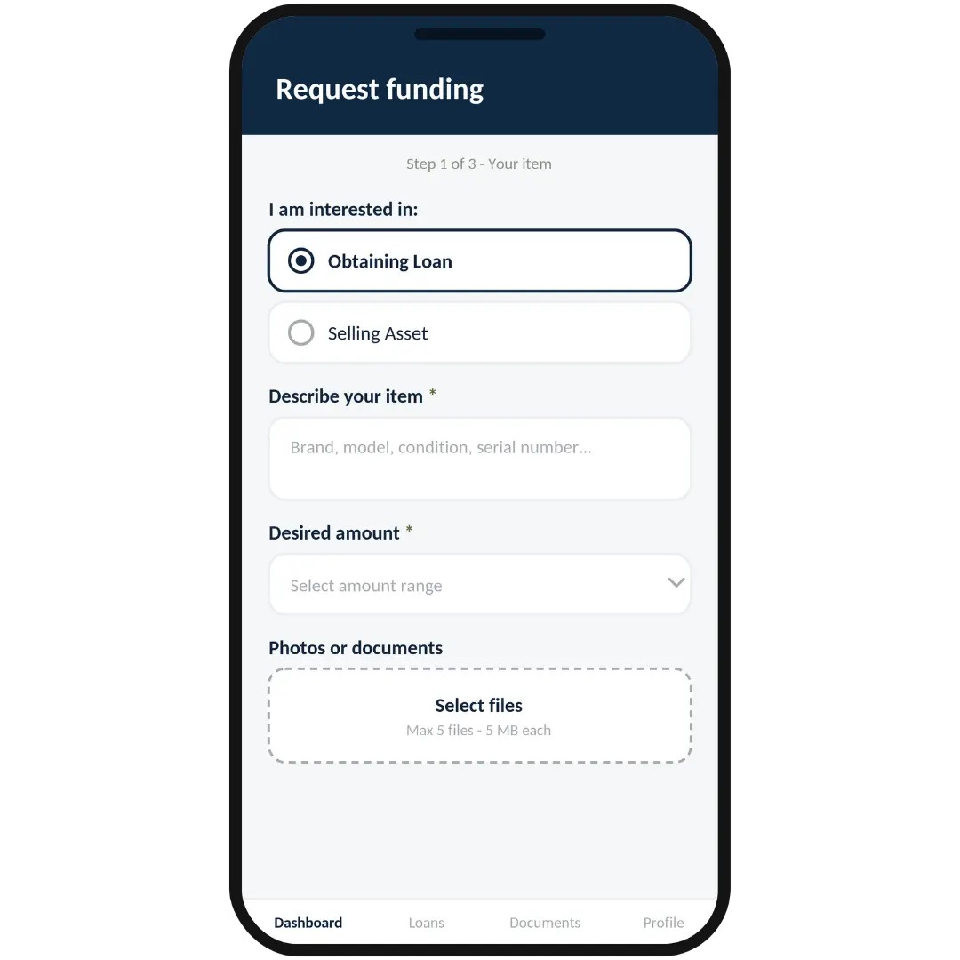 Qollateral client portal mobile screen showing the request funding form with item description and amount range fields