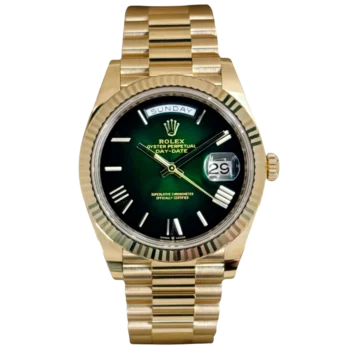 Yellow gold Rolex Day-Date 228238 with green ombre dial and fluted bezel on President bracelet