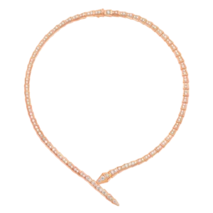 Rose gold serpent necklace set with pave diamonds