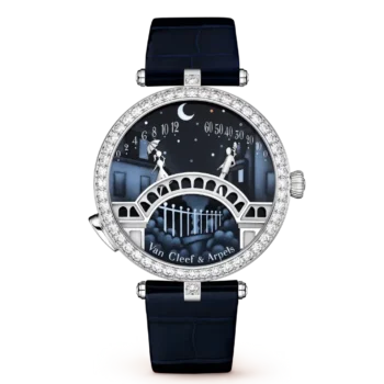 Van Cleef & Arpels Lady Arpels Pont des Amoureux watch with diamond bezel and blue enamel dial showing two figures on a bridge