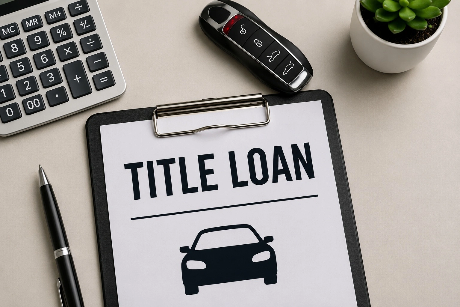 Title loan application with a car key and calculator illustrating car loan options