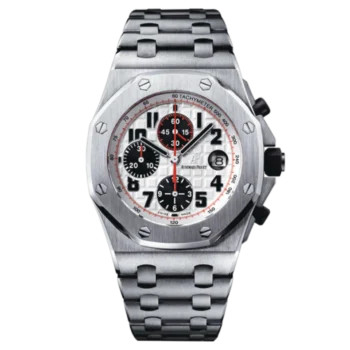 Steel Audemars Piguet Royal Oak Offshore chronograph with a white dial and black subdials