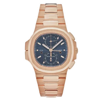 Rose gold Patek Philippe Nautilus Travel Time chronograph with a blue dial