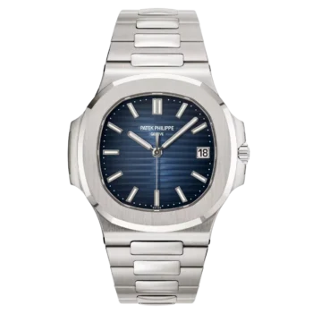 White gold Patek Philippe Nautilus with a blue dial and date on a white background
