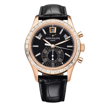 Rose gold Patek Philippe annual calendar chronograph with a diamond bezel and black dial