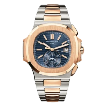 Two-tone steel and rose gold Patek Philippe Nautilus chronograph with a blue dial