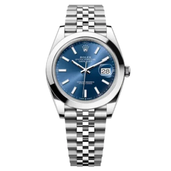 Steel Rolex Datejust 41 with a blue dial, smooth bezel, and Jubilee bracelet