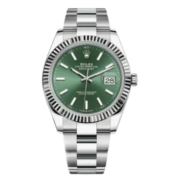 Steel Rolex Datejust 41 with a green dial and fluted white gold bezel on a white background