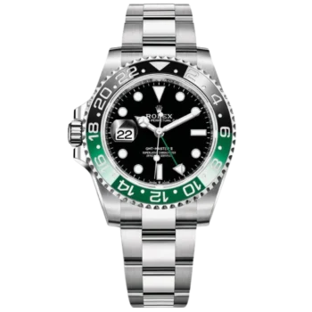 Steel Rolex GMT-Master II with a green and black bezel and black dial on an Oyster bracelet