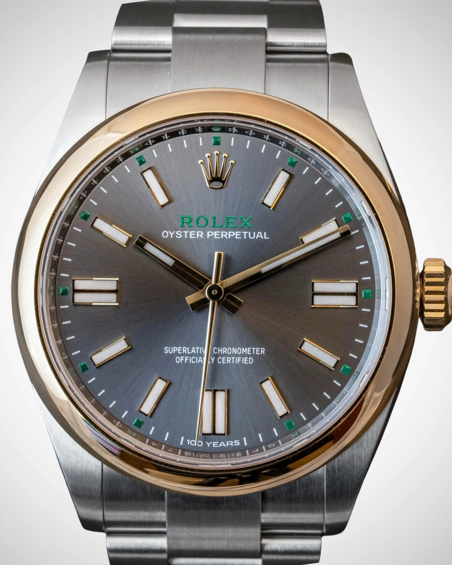 2026 Rolex Oyster Perpetual 100th anniversary model with slate dial and yellow gold bezel