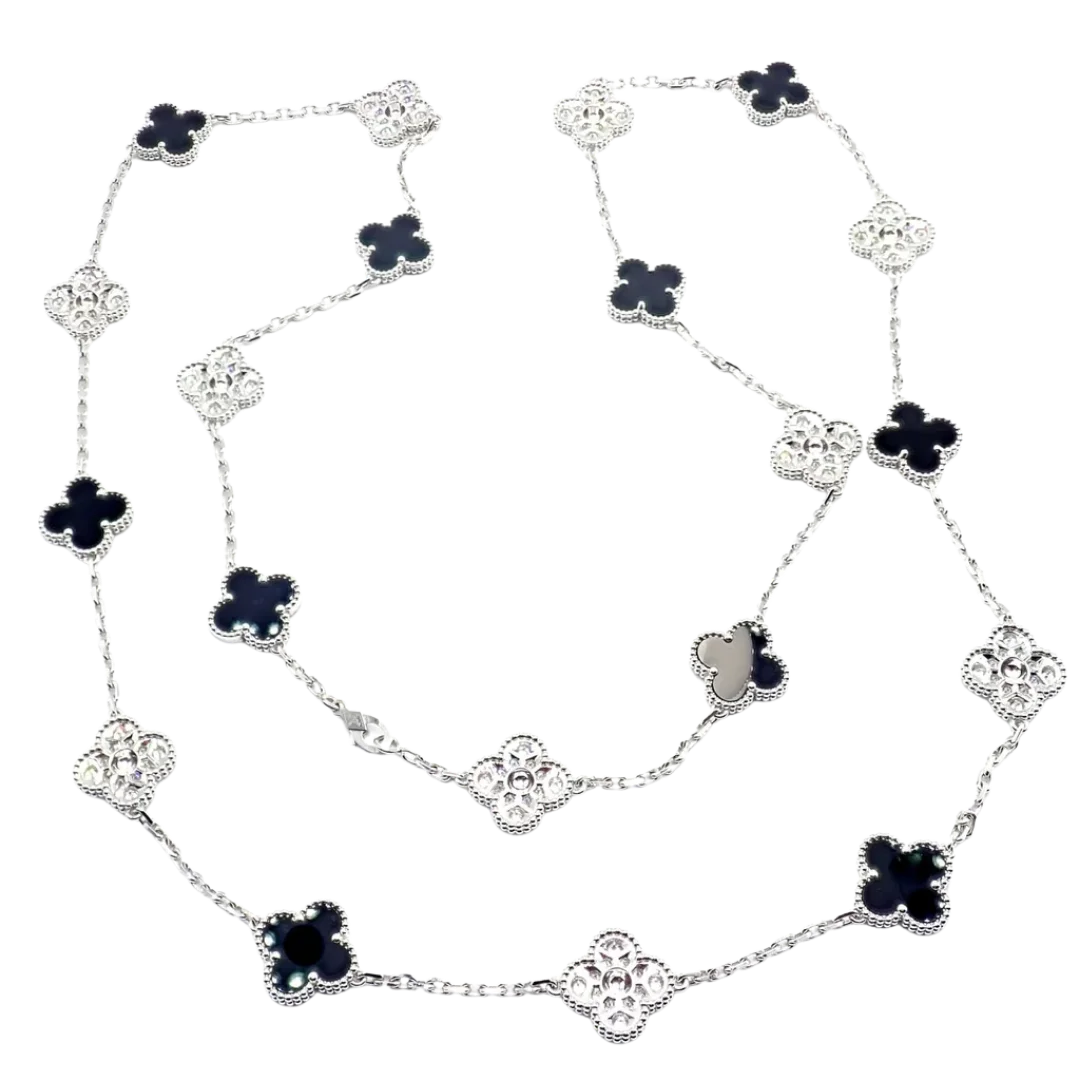 Van Cleef & Arpels 18k Gold 20 Motif Vintage Alhambra Diamond Onyx Necklace Cert