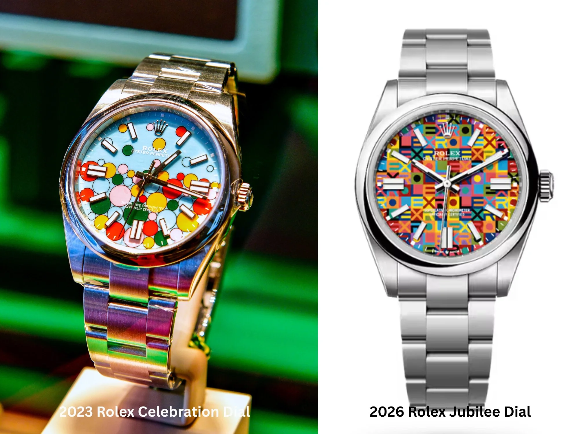 Comparison of the 2023 Rolex Celebration dial and colorful 2026 Rolex Jubilee dial