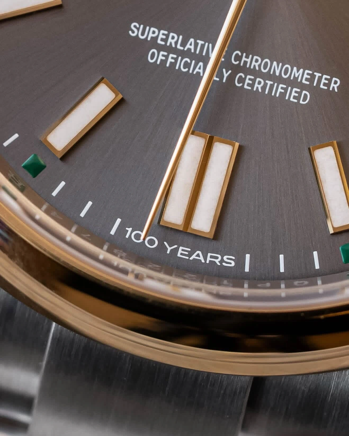 Close-up of the Rolex Oyster Perpetual 100 Years anniversary dial and gold hour markers